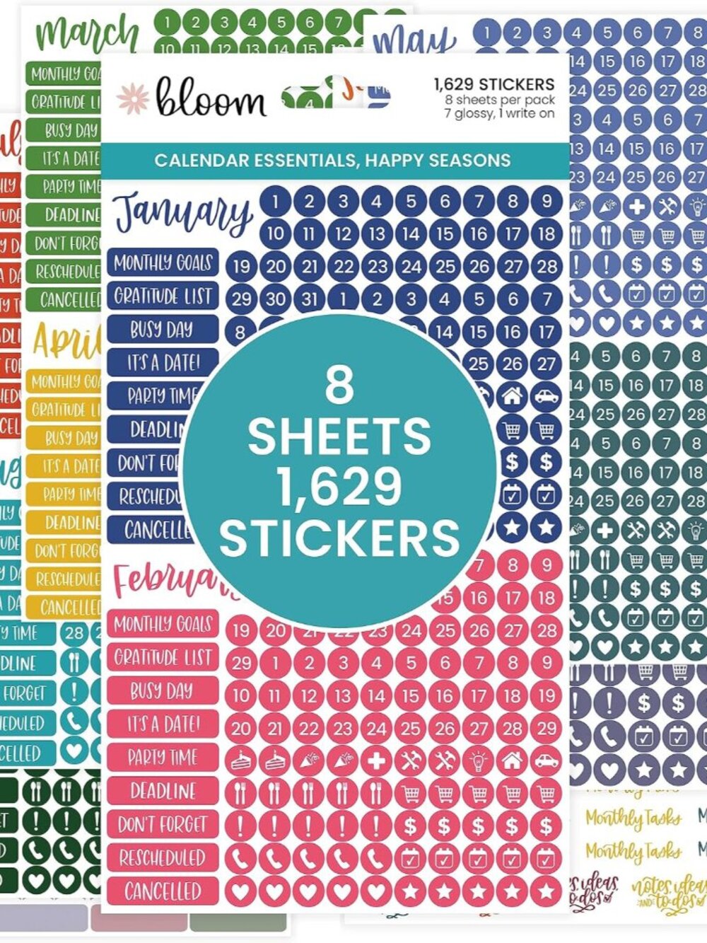 Bright & Colorful Calendar Essentials Planner Stickers - 8 Sheets, 1629 Stickers
